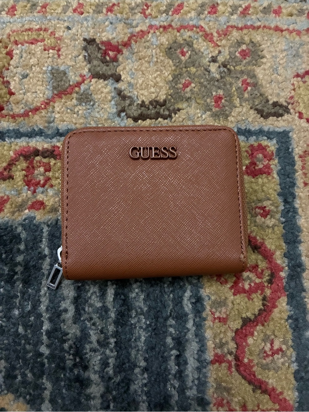 GUESS Tan/Brown Saffiano Zip-Around Card Holder